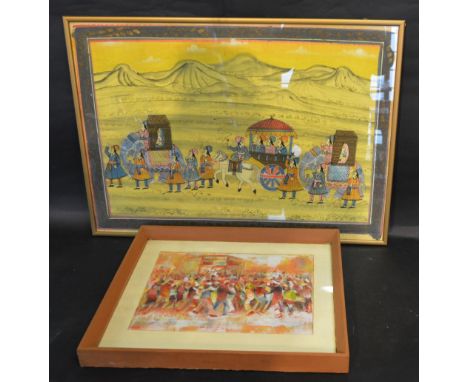 K Callrude 'Carnival Day' Mixed Media, together with an Indian watercolour depicting figures 