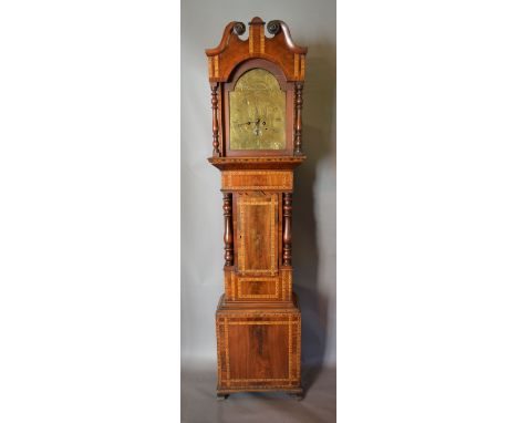 A 19th Century Mahogany and Marquetry Inlaid Long Case Clock, the arched hood with swan neck pediment above a shaped door fla