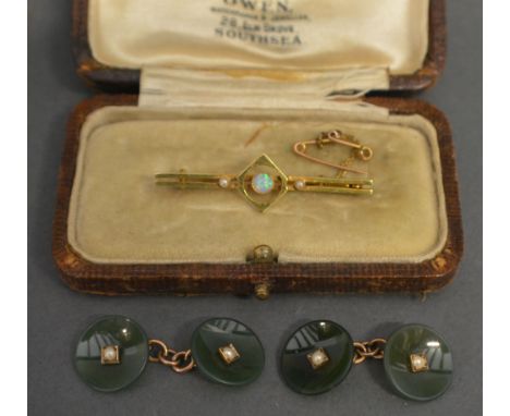 A 15ct Gold Opal and Pearl Set Bar Brooch, together with a pair of jade pearl set cufflinks