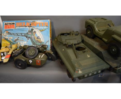 A Palitoy Action Man Helicopter within Original Box, together with two model tanks, a jeep and two motorbikes