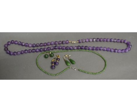 An Amethyst Bead Necklace, together with a small jade bead necklace and various jade and amethyst ear studs