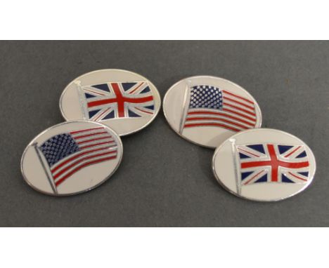 A Pair of 925 Silver and Enamel Cufflinks, decorated with the Union Jack and the American Flag