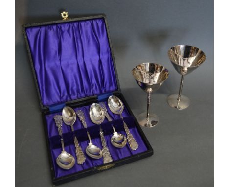 A Birmingham Silver Goblet, together with another similar smaller and a set of six Birmingham silver golf related teaspoons w