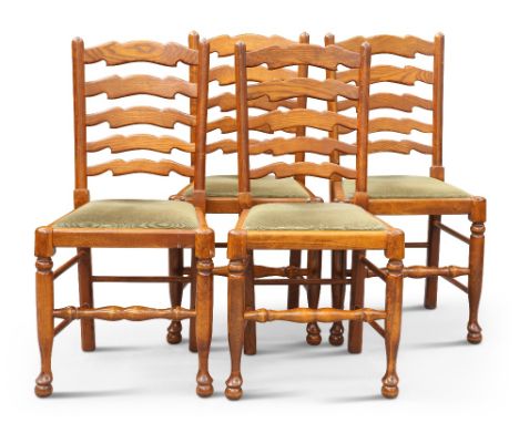 A SET OF FOUR CRYER CRAFT ELM LADDER-BACK DINING CHAIRS,ÿraised on turned forelegs with pad and ball feet. (4) Height of back