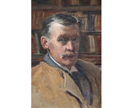 BRITISH SCHOOL (CIRCA 1900), PORTRAIT OF A GENTLEMAN IN A LIBRARY,ÿoil on canvas laid on board, framed. 46cm by 30cm