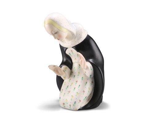PAOLA BOLOGNA FOR LENCI, A POTTERY FIGURE OF THE MADONNA, in keeling pose with hands raised, wearing floral painted and black