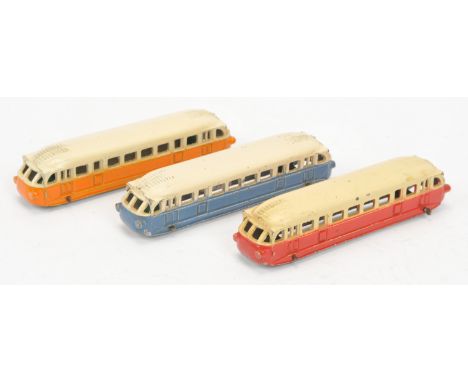 French Dinky Toys Pre-war Bugatti Autorail Car Group Of 3 To Include (1) Yellow with cream roof, (2) Blue with cream roof, (3