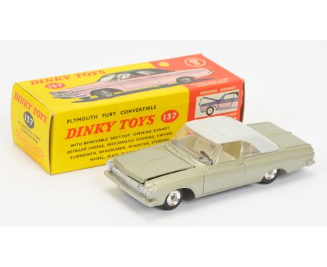 Dinky Toys 137 Plymouth Fury Convertible - Light metallic green body with dark green tonneau with detachable grey hood, off w