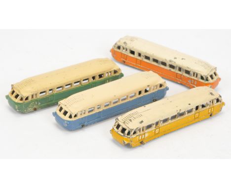 French Dinky Toys Pre-war Bugatti Autorail Car Group Of 4 To Include (1) Yellow with cream roof, (2) Blue with cream roof, (3