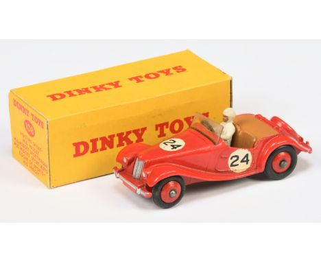 Dinky Toys 108 MG Midget Sports Car - Red body and ridged hubs with black smooth tyres, tan interior and tonneau, figure driv