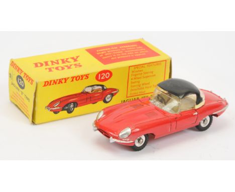 Dinky Toys 120 Jaguar Type E Sports Car - Red body,cream interior and tonneau, with black detachable hood, silver trim and sp