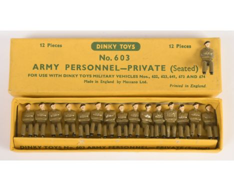 Dinky Toys 603 Army Personnel "Private" (seated) - 12 diecast figures, khaki uniform with black beret. Also includes 4 extra 