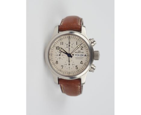 Armbanduhr Fortis B-42 Flieger Chronograph, Automatik Ref. 635.10.12, Edelstahlgehäuse, Lederarmband mit Faltschließe, Saphir