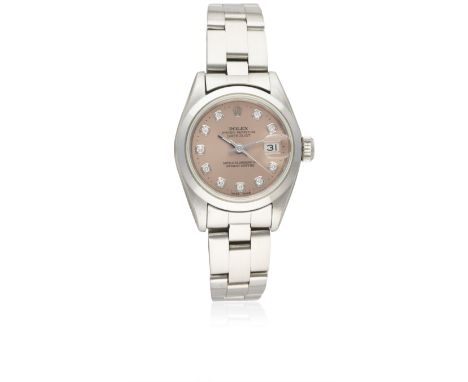 A LADIES STAINLESS STEEL ROLEX OYSTER PERPETUAL DATEJUST BRACELET WATCHCIRCA 1987, REF. 69160 WITH SALMON PINK DIAMOND DIALMo