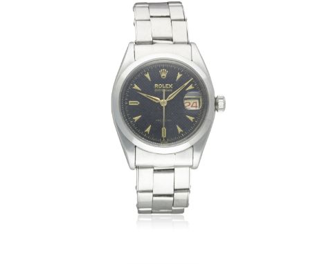 A RARE GENTLEMAN'S STAINLESS STEEL ROLEX OYSTERDATE PRECISION BRACELET WATCHCIRCA 1950s, REF. 6494 WITH GLOSS BLACK "HONEYCOM
