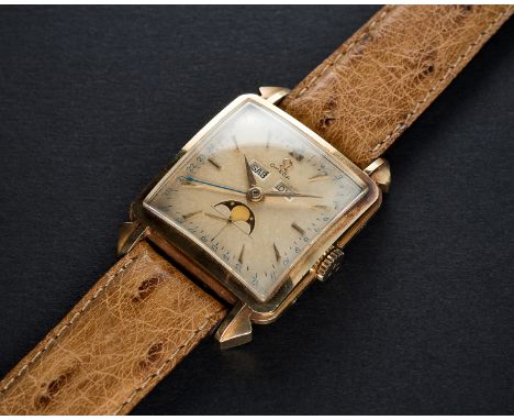 A VERY RARE GENTLEMAN'S 18K SOLID GOLD OMEGA COSMIC MOONPHASE TRIPLE CALENDAR WRIST WATCH CIRCA 1954, REF. 3944 Movement: 17J