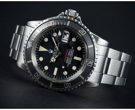 A RARE GENTLEMAN'S STAINLESS STEEL ROLEX OYSTER PERPETUAL DATE "RED WRITING" SUBMARINER BRACELET WATCHCIRCA 1972, REF. 1680 W