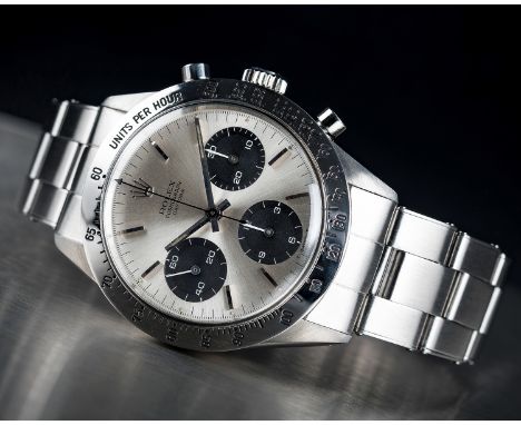 A VERY RARE GENTLEMAN'S STAINLESS STEEL ROLEX COSMOGRAPH "SMALL FONT" DAYTONA BRACELET WATCHCIRCA 1966, REF. 6239 WITH "PANDA
