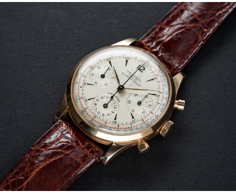 A FINE & RARE GENTLEMAN'S LARGE SIZE 18K SOLID PINK GOLD UNIVERSAL GENEVE CLIMATE PROOF COMPAX CHRONOGRAPH WRIST WATCHCIRCA 1