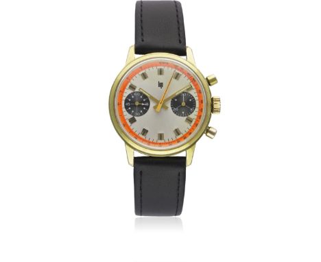 A GENTLEMAN'S GOLD PLATED LIP CHRONOGRAPH WRIST WATCH CIRCA 1970, WITH "PAUL NEWMAN" SINGER DIALMovement: 17J, manual wind, V