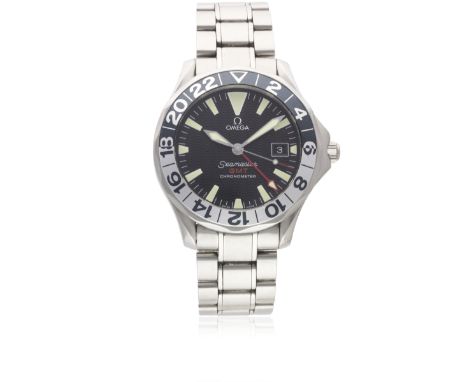 A GENTLEMAN'S STAINLESS STEEL OMEGA SEAMASTER AUTOMATIC GMT BRACELET WATCH DATED 2003, REF. 22345000 50TH ANNIVERSARY EDITION