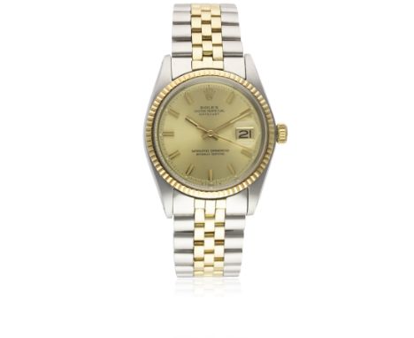 A RARE GENTLEMAN'S "NOS" STEEL & GOLD ROLEX OYSTER PERPETUAL DATEJUST "WIDE BOY" BRACELET WATCHCIRCA 1973, REF. 1601 WITH ORI