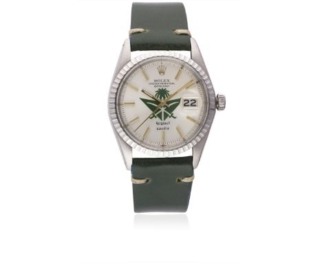 A RARE GENTLEMAN'S STAINLESS STEEL ROLEX OYSTER PERPETUAL DATEJUST WRIST WATCHCIRCA 1972, REF. 1603 WITH SAUDI AIRLINES LOGO 
