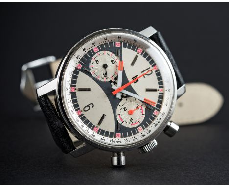 A RARE GENTLEMAN'S LARGE SIZE STAINLESS STEEL LIP CHRONOGRAPH WRIST WATCH CIRCA 1970, WITH "EXOTIC" DIALMovement: 17J, manual