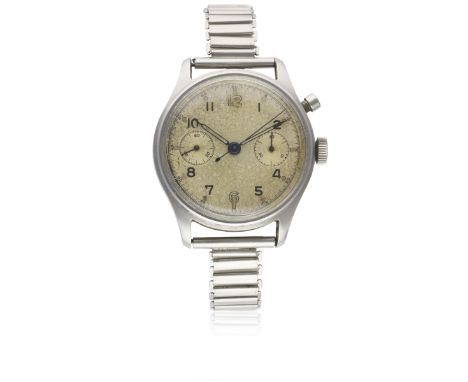 A GENTLEMAN'S STAINLESS STEEL BRITISH MILITARY LEMANIA SINGLE BUTTON ROYAL NAVY CHRONOGRAPH BRACELET WATCH CIRCA 1940s, FIRST