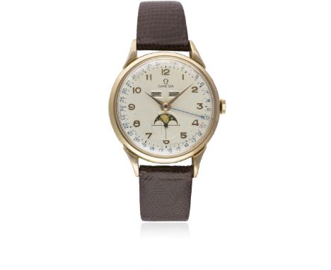 A GENTLEMAN'S LARGE SIZE PINK GOLD PLATED OMEGA COSMIC MOONPHASE TRIPLE CALENDAR WRIST WATCH CIRCA 1947, REF. 2486-2Movement: