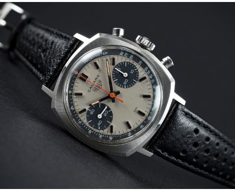 A VERY RARE GENTLEMAN'S STAINLESS STEEL HEUER CAMARO CHRONOGRAPH WRIST WATCH CIRCA 1970s, REF. 7743 WITH "EXOTIC" DIALMovemen