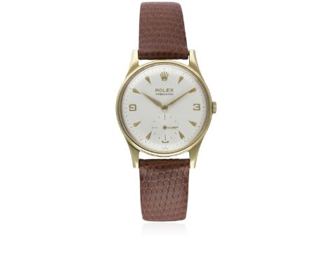 A GENTLEMAN'S 9CT SOLID GOLD ROLEX PRECISION WRIST WATCHDATED 1964 FROM PRESENTATIONAL CASE BACK INSCRIPTIONMovement: 17J, ma