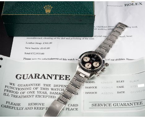 A RARE GENTLEMAN'S STAINLESS STEEL ROLEX OYSTER COSMOGRAPH DAYTONA BRACELET WATCHCIRCA 1973, REF. 6265 WITH "SMALL RED" TRITI