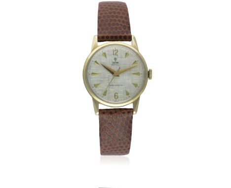 A GENTLEMAN'S 9CT SOLID GOLD ROLEX TUDOR ROYAL WRIST WATCHCIRCA 1960s, WITH "LINEN" DIALMovement: 17J, manual wind, signed Tu