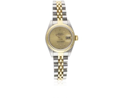 A LADIES STEEL & GOLD ROLEX OYSTER PERPETUAL DATEJUST BRACELET WATCHDATED 1997, REF. 69173 WITH ORIGINAL BOX, PAPERS & TAGSMo