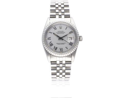 A GENTLEMAN'S STAINLESS STEEL ROLEX OYSTER PERPETUAL DATEJUST BRACELET WATCHCIRCA 1980, REF. 16030 WITH GREY "BUCKLEY" DIAL, 