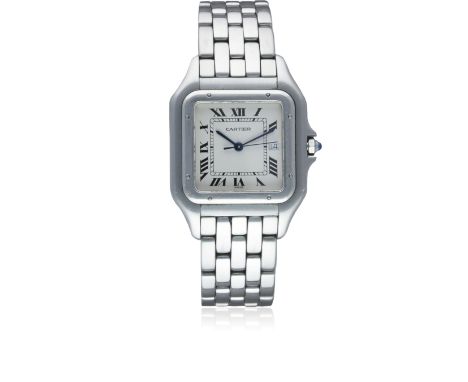 A GENTLEMAN'S STAINLESS STEEL CARTIER PANTHERE "JUMBO" BRACELET WATCHCIRCA 1990s, REF. 1300 WITH CARTIER BOXMovement: Quartz,