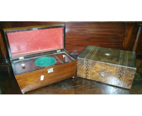 A Collection of Items Comprising of a 19th Century Walnut Marquetry Box, a Regency Rosewood Tea Caddy, a Continental Brass an