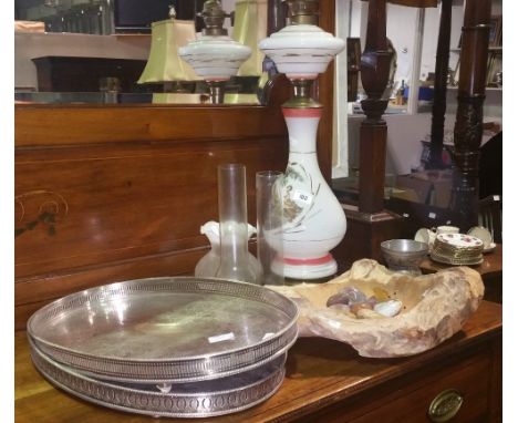 A Late 19th/Early 20th Century Opaque Glass Oil Lamp; with printed decoration of a courting couple in woodland, peach banding