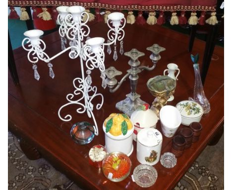 A Quantity of Items to Include a Silver-Plate Three Branch Candlestick, Three Paper Weights - One Marked Kerry Glass, and oth