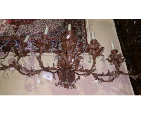 A Lovely Modern Metal Five Branch Wall Light with Crystal Drops; together with a good ten-branch metal wall sconce (2).