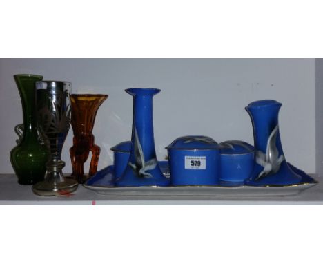 A Part Trinket Set with Blue Ground and Three Old Vases.