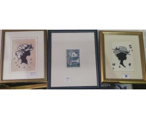A Limited Edition Print Depicting a Panda, Titled 'Patch' after Nicola Emoe along with a Pair of Silhouettes of Ladies by D. 