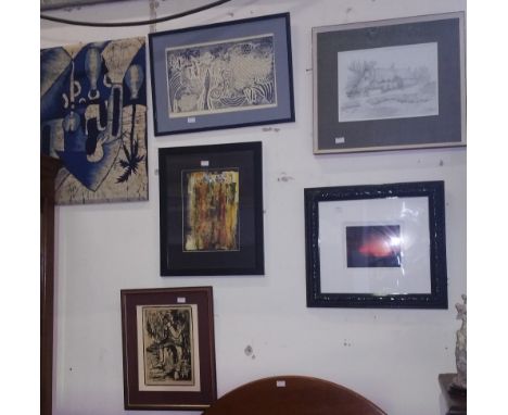 Six Pictures; 'Forest by Night by James Robinson, a Pencil of a Cottage Monogrammed L.L 2005, a Wood Block after Maggie Thoma