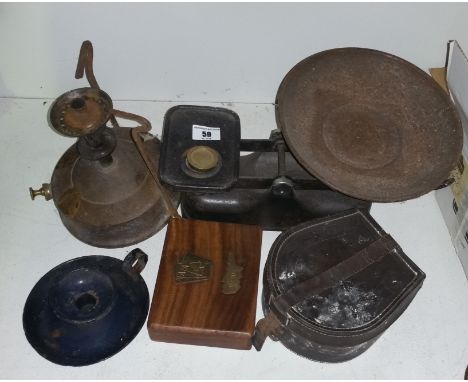 A Collection of Vintage Metalwares, etc to include keys and locks, old weighing scales, Primus, vintage leather collar box, t