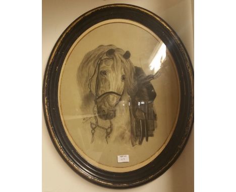 A Pair of Early 20th Century Pencil Sketches Depicting Horses and Mounted in Ebonised Oval Frames, Monogrammed H.T Easter 190