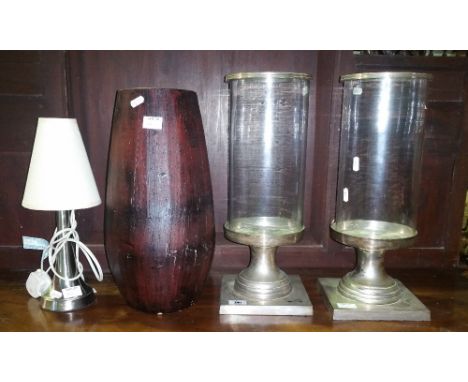 A Pair of Silver Coloured & Glass Hurricane Lamps by Crate & Barrel, 17.5ins (h), along with a pottery vase & table lamp (4).