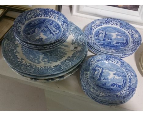 Five Various Stoneware Scenic Plates, and a Set of Three Spode Italian Porridge Bowls.