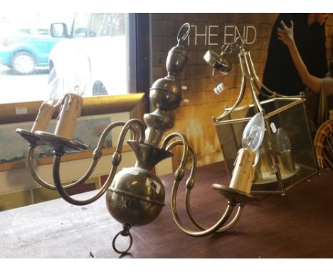 A Five Branch Brass Light; along with a brass lantern.
