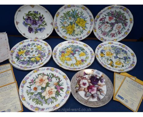 Six Royal Grafton limited edition Comfort and Joy display plates, a Royal Albert pansies plate and a Royal Worcester pansy pl
